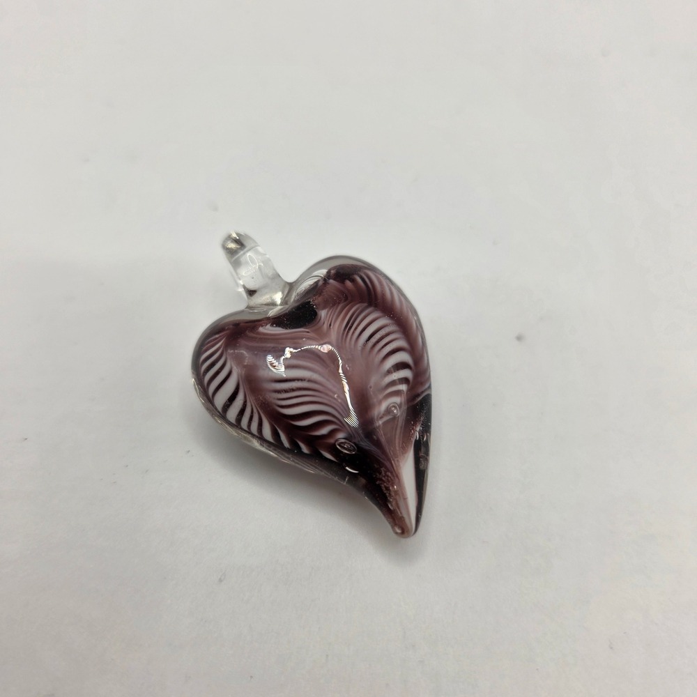 Artisan Lampwork Glass‎ Heart Pendant Purple White Feathered Swirl Art Glass